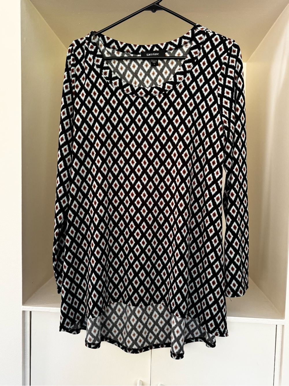 Karen Kane Geometric Print Swing Tunic Top Large Made in USA Stretch Boho Career